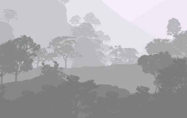 Abstract background with foggy hills and trees silhouettes with forest haze.