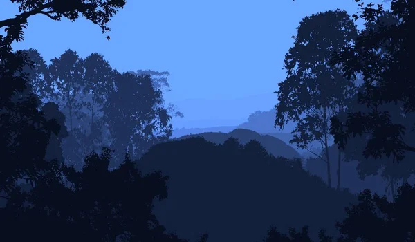 Abstrakter Hintergrund Mit Nebligen Hügeln Und Baumsilhouetten Mit Walddunst — Stockfoto
