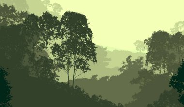 Orman pus ile sisli tepeler ve ağaçlar siluetleri ile soyut arka plan.