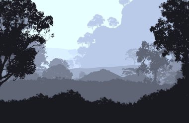 Orman pus ile sisli tepeler ve ağaçlar siluetleri ile soyut arka plan.
