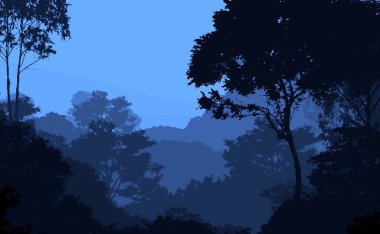 Orman pus ile sisli tepeler ve ağaçlar siluetleri ile soyut arka plan.