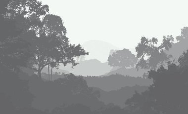 Orman pus ile sisli tepeler ve ağaçlar siluetleri ile soyut arka plan.