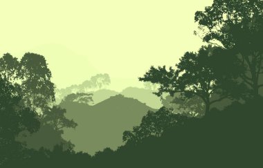 Orman pus ile sisli tepeler ve ağaçlar siluetleri ile soyut arka plan.