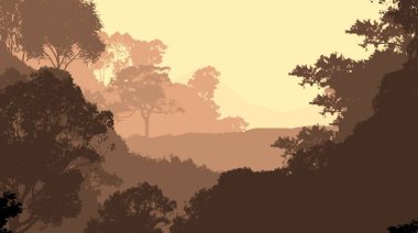 Orman pus ile sisli tepeler ve ağaçlar siluetleri ile soyut arka plan.