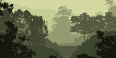 Orman pus ile sisli tepeler ve ağaçlar siluetleri ile soyut arka plan.