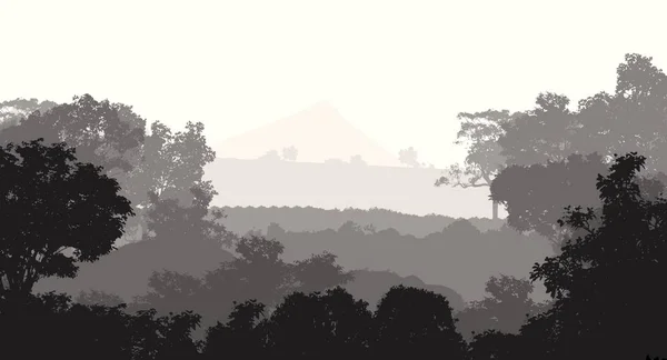 Abstract background with foggy hills and trees silhouettes with forest haze.