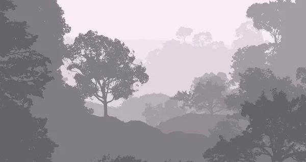 Fondo Abstracto Con Colinas Brumosas Siluetas Árboles Con Neblina Forestal —  Fotos de Stock