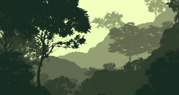 Abstract background with foggy hills and trees silhouettes with forest haze.