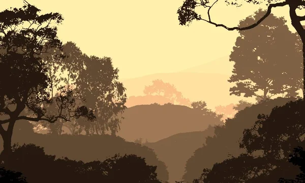 Abstract background with foggy hills and trees silhouettes with forest haze.