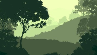 Orman pus ile sisli tepeler ve ağaçlar siluetleri ile soyut arka plan.