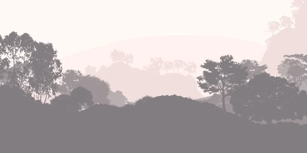 Fondo Abstracto Con Colinas Brumosas Siluetas Árboles Con Neblina Forestal —  Fotos de Stock