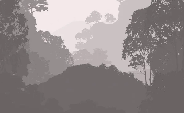 Abstract background with foggy hills and trees silhouettes with forest haze.