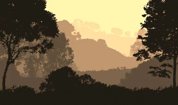 抽象背景与雾山和树木剪影与森林阴霾 — 图库照片