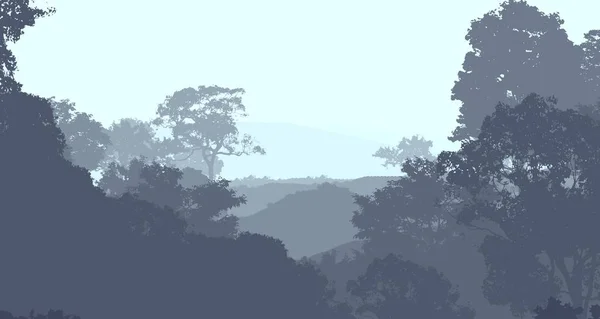 Abstract background with foggy hills and trees silhouettes with forest haze.