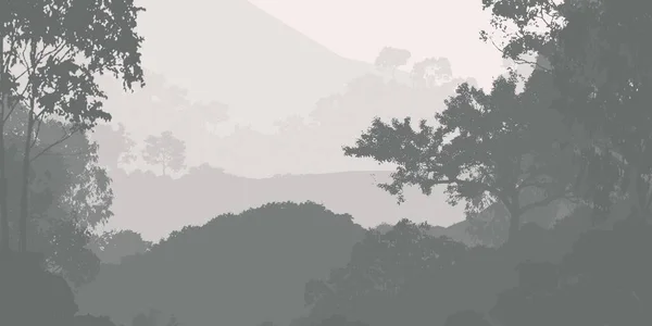 霧の丘と森のヘイズと木のシルエットと抽象的な背景 — ストック写真