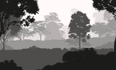 Orman pus ile sisli tepeler ve ağaçlar siluetleri ile soyut arka plan.