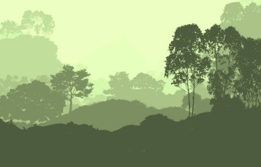 Orman pus ile sisli tepeler ve ağaçlar siluetleri ile soyut arka plan.