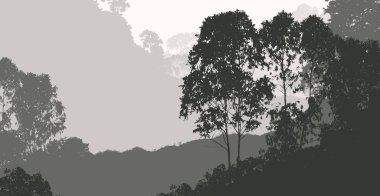 Orman pus ile sisli tepeler ve ağaçlar siluetleri ile soyut arka plan.