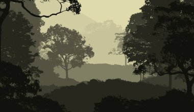 Orman pus ile sisli tepeler ve ağaçlar siluetleri ile soyut arka plan.