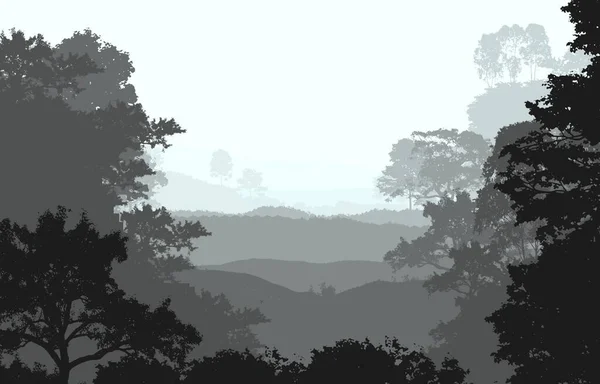 Fundo Abstrato Com Colinas Nebulosas Silhuetas Árvores Com Neblina Florestal — Fotografia de Stock