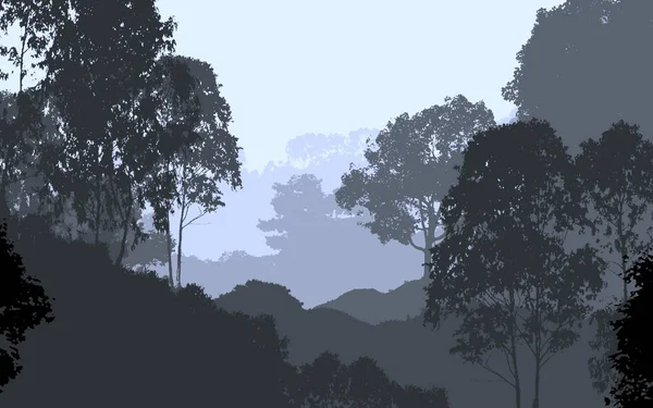 霧の丘と森のヘイズと木のシルエットと抽象的な背景 — ストック写真