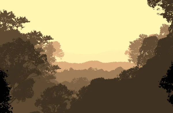Αφηρημένη Φόντο Ομίχλη Λόφους Και Δέντρα Σιλουέτες Ομίχλη Δάσος — Φωτογραφία Αρχείου