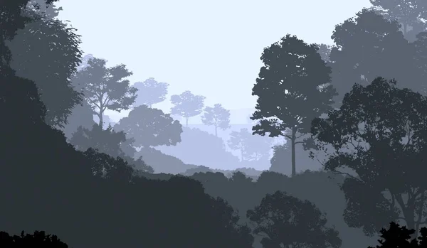 Abstract background with foggy hills and trees silhouettes with forest haze.