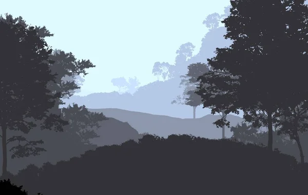 Fondo Abstracto Con Colinas Brumosas Siluetas Árboles Con Neblina Forestal — Foto de Stock