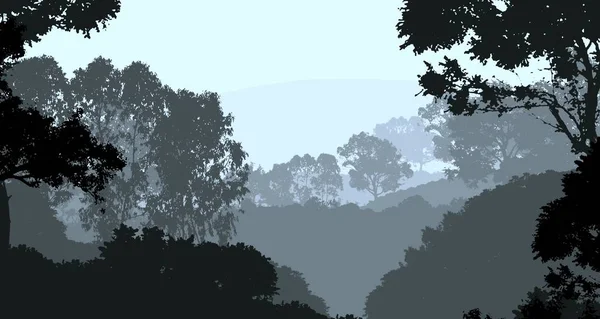 Abstract background with foggy hills and trees silhouettes with forest haze.