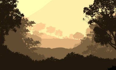 Orman pus ile sisli tepeler ve ağaçlar siluetleri ile soyut arka plan.