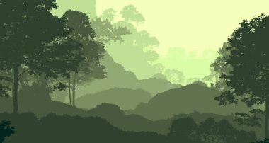 Orman pus ile sisli tepeler ve ağaçlar siluetleri ile soyut arka plan.