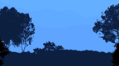 Orman pus ile sisli tepeler ve ağaçlar siluetleri ile soyut arka plan.