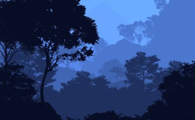 Orman pus ile sisli tepeler ve ağaçlar siluetleri ile soyut arka plan.