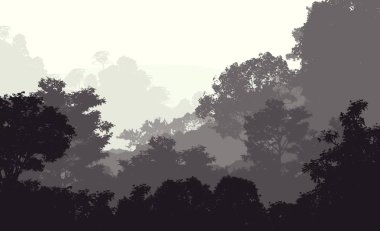 Orman pus ile sisli tepeler ve ağaçlar siluetleri ile soyut arka plan.