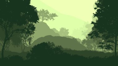 Orman pus ile sisli tepeler ve ağaçlar siluetleri ile soyut arka plan.