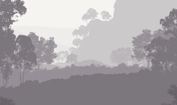 Orman Pus Ile Sisli Tepeler Ağaçlar Siluetleri Ile Soyut Arka — Stok fotoğraf