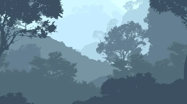 Fundal Abstract Dealuri Cețoase Siluete Copaci Ceață Forestieră — Fotografie, imagine de stoc