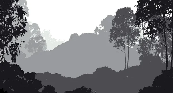 Abstract background with foggy hills and trees silhouettes with forest haze.