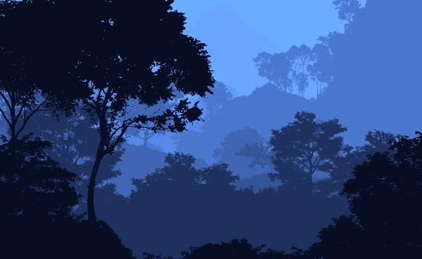 Abstract background with foggy hills and trees silhouettes with forest haze.