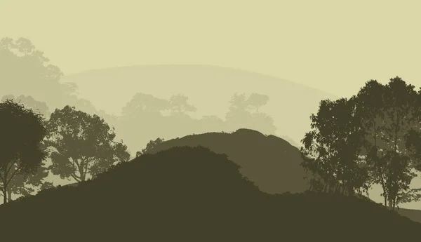 Abstract background with foggy hills and trees silhouettes with forest haze.