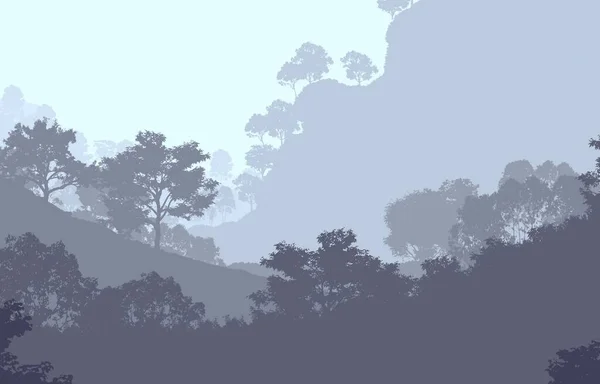 Abstract background with foggy hills and trees silhouettes with forest haze.