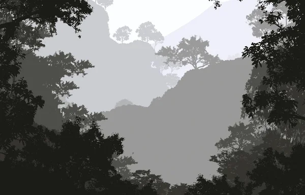 Abstract background with foggy hills and trees silhouettes with forest haze.