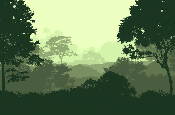 Abstract background with foggy hills and trees silhouettes with forest haze.