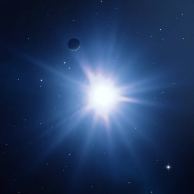 2d illüstrasyon. Derin yıldızlararası uzay arka planı. Parlak yıldızlar, gezegenler, uydular ve kuyruklu yıldızlar yanıp söner. Çeşitli bilim kurgu yaratıcı fon. Uzay sanatı.