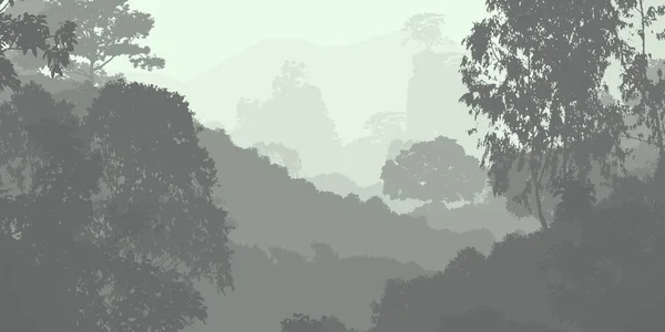 2d illustration. Trees in the fog. Deep forest haze. Hills covered by plants and foliage. Shrubs and bushes. Majestic view. Deep forest.