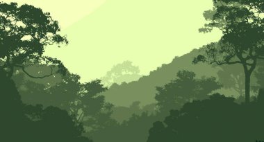 2D çizim. Siste ağaçlar. Ormanın derin sisi. Bitkiler ve yapraklarla kaplı tepeler. Çalılar ve çalılar. Muhteşem bir manzara. Ormanın derinliklerinde.