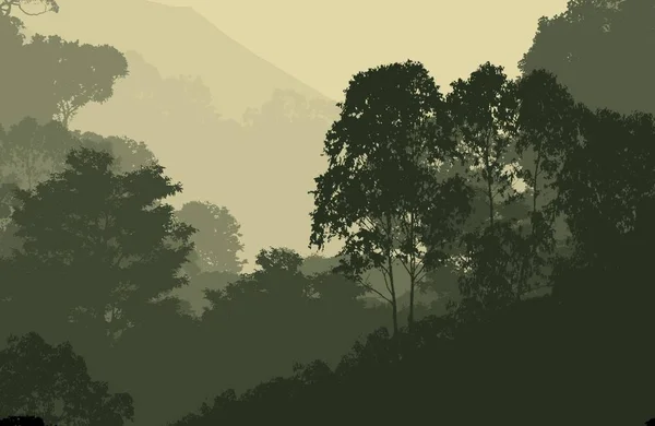 2d illustration. Trees in the fog. Deep forest haze. Hills covered by plants and foliage. Shrubs and bushes. Majestic view. Deep forest.