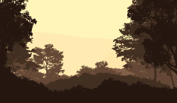 2d illustration. Trees in the fog. Deep forest haze. Hills covered by plants and foliage. Shrubs and bushes. Majestic view. Deep forest.