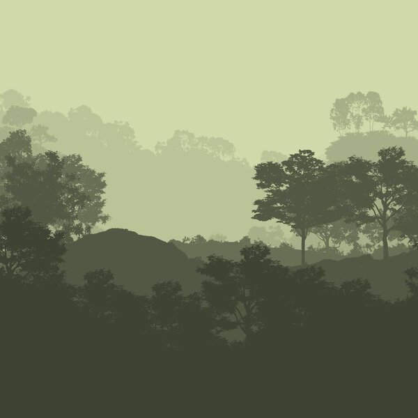 2d illustration. Trees in the fog. Deep forest haze. Hills covered by plants and foliage. Shrubs and bushes. Majestic view. Deep forest.