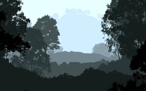 第2D条说明 雾中的树 森林深处的薄雾 被植物和树叶覆盖的小山 灌木和灌木 壮观的景色 森林深处 — 图库照片